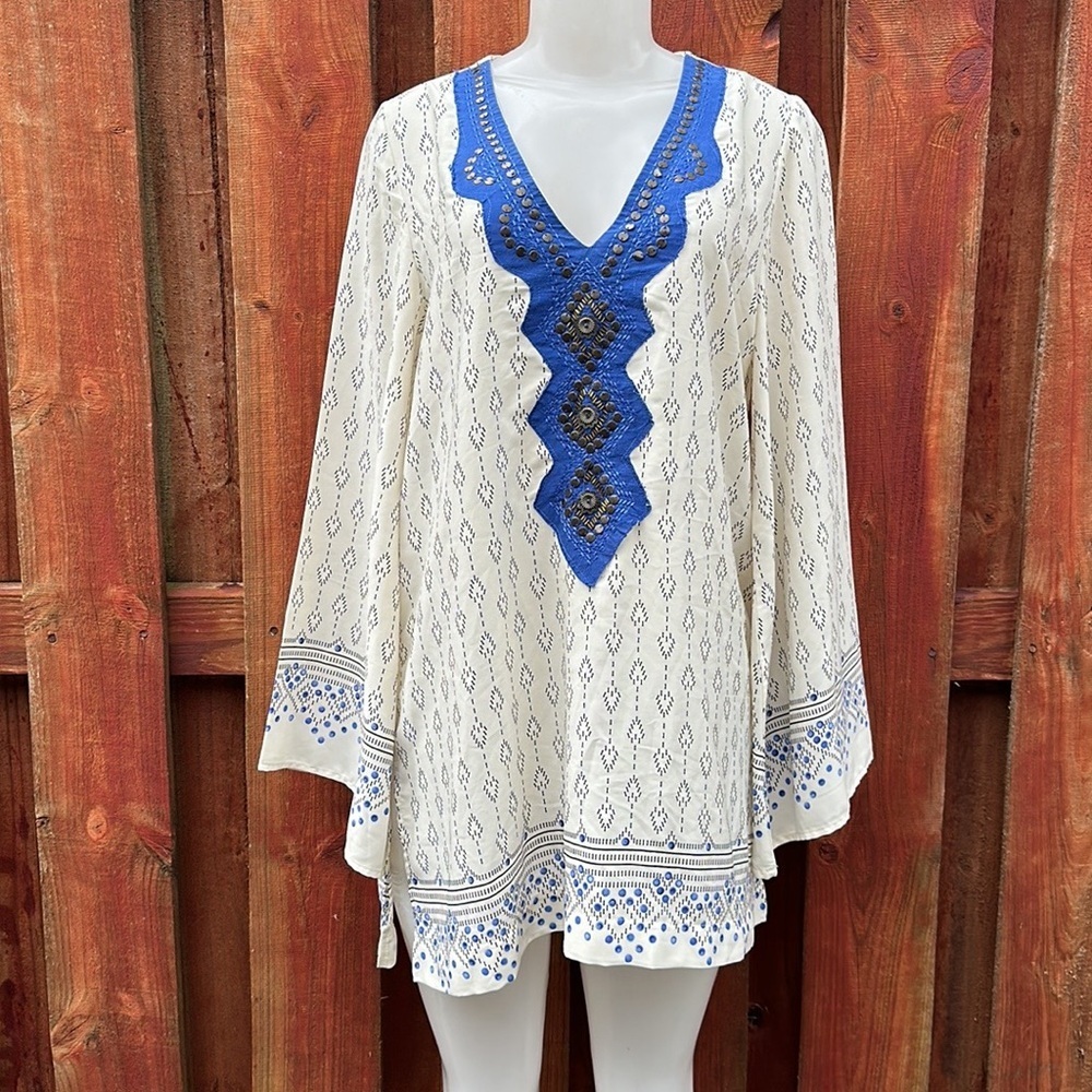 Galita Elegant Blue and Cream Women's Top Cover Up Dress Size M